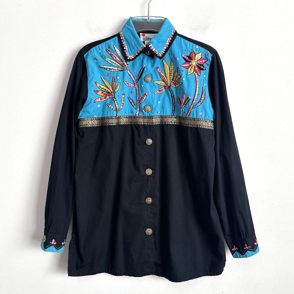 Spirit Sandy Starkman Blouse XS Button Front Bling Sequins Floral Artsy Vintage